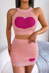 Conjunto de top y falda de punto acanalado sin mangas con contraste de corazones