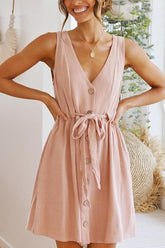 Mini-Tankkleid mit Knopfleiste, V-Ausschnitt und Knoten