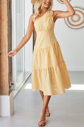 Kariertes Midikleid mit One-Shoulder-Träger