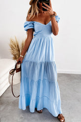 Rückenfreies Maxikleid mit V-Ausschnitt und Puffärmeln