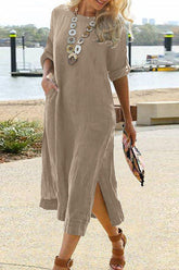 Midikleid mit O-Ausschnitt, Taschen und Schlitz