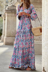 Boho Paisley V-Ausschnitt Langarm Maxikleid