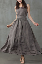 Maxi-Leinenkleid mit gekreuztem Rücken und Rundhalsausschnitt