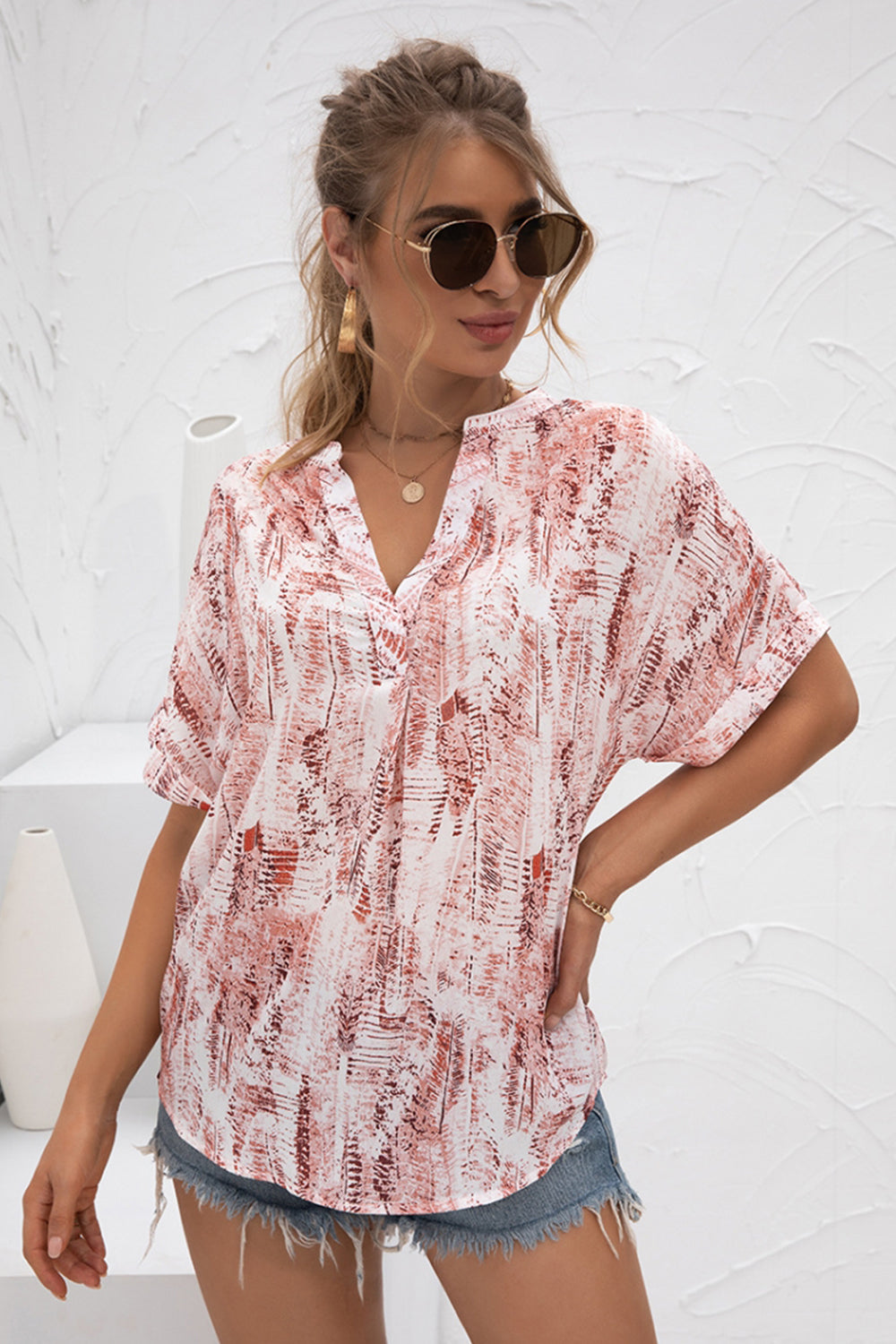 V-Neck Tie-Dye Print Chiffon Shirt