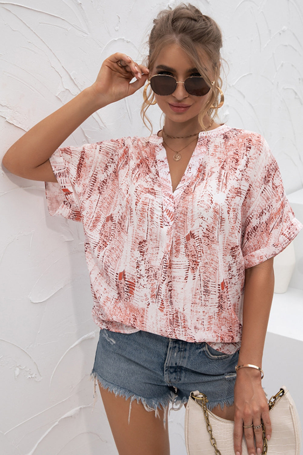 V-Neck Tie-Dye Print Chiffon Shirt