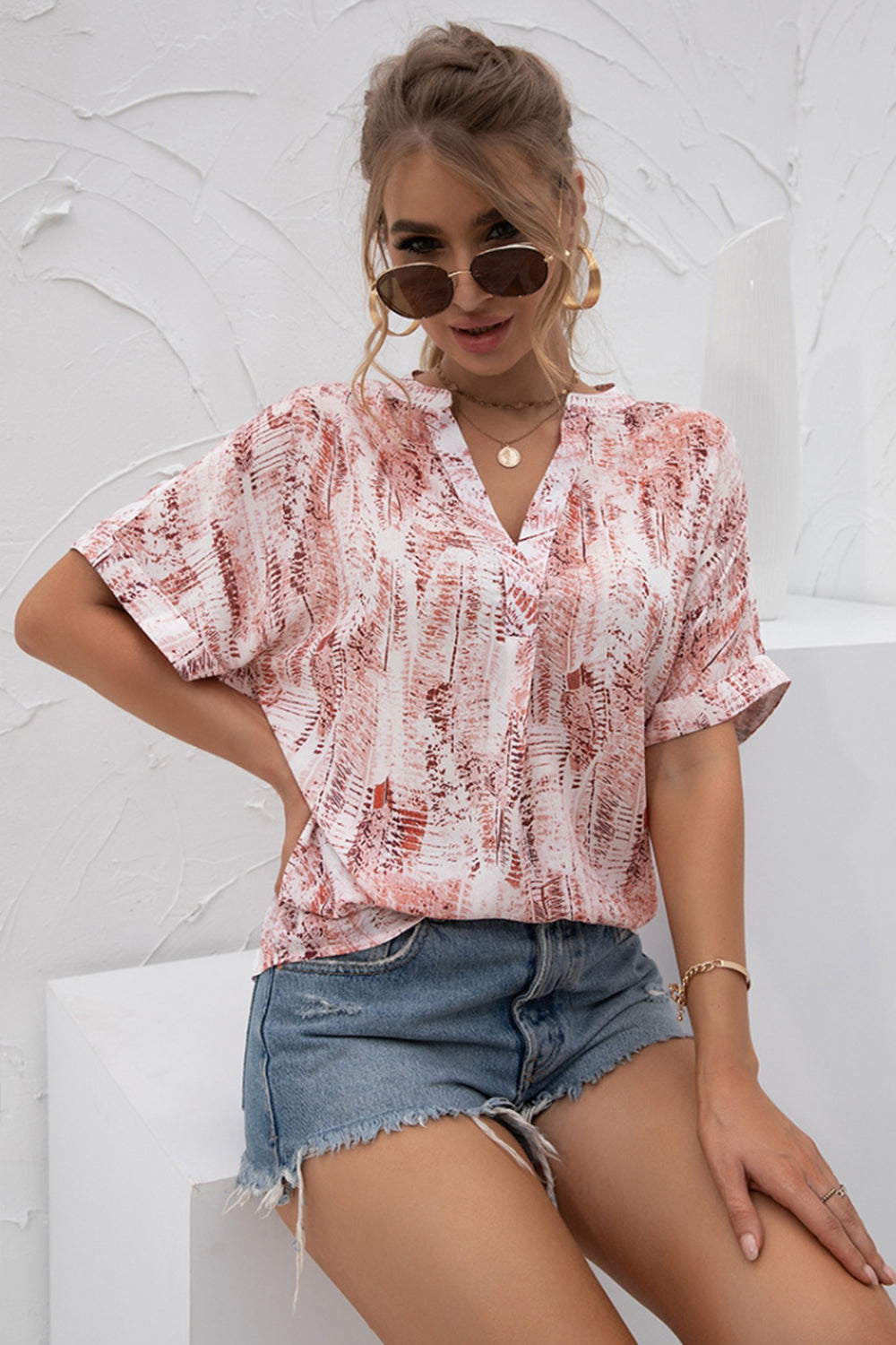 V-Neck Tie-Dye Print Chiffon Shirt