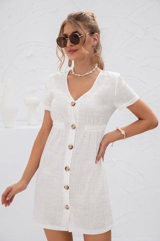 V-Neck High Waist Buttoned Dress