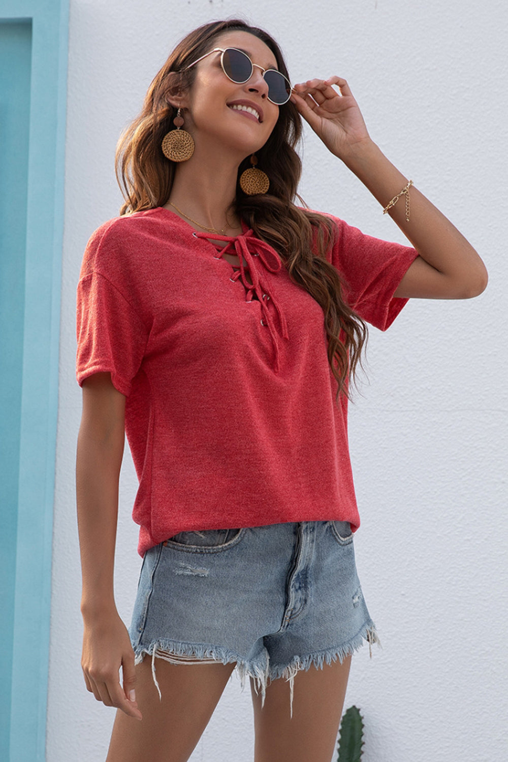 V-Neck Tie Solid Color Short-Sleeved T-Shirt