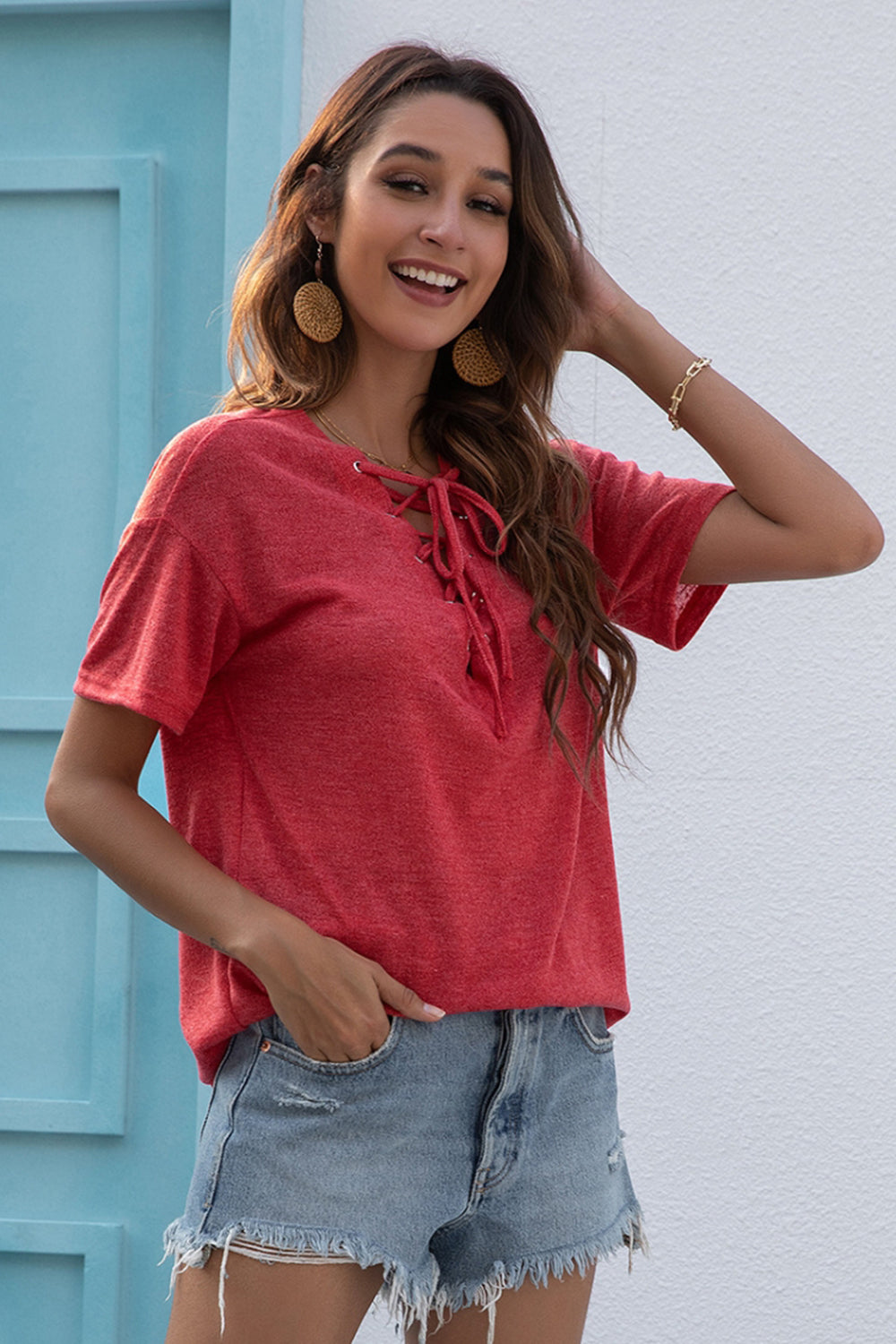 V-Neck Tie Solid Color Short-Sleeved T-Shirt