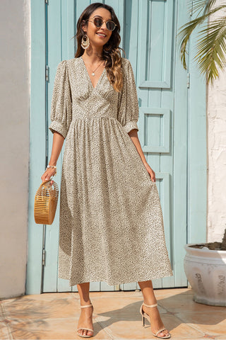 V-Neck Printed Mid-Sleeved Dress