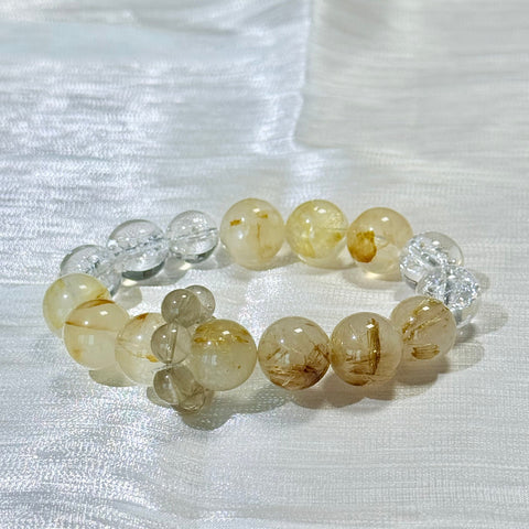 Golden Rutilated Quartz Bracelet with Clear Quartz and Smoky Quartz