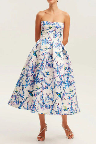 Strapless Floral Corset A Line Midi Dress