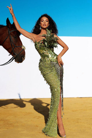 Qorow Feather Trimmed Crystal Chain Fringe Dress