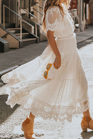 White Lace Embroidery Bohemian Maxi Dress