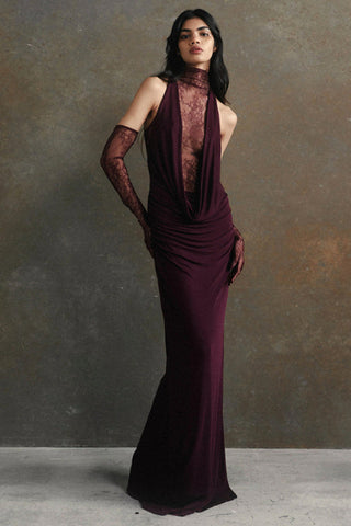 Evelyn Plunging Cowl Lace Bodice Maxi Dress
