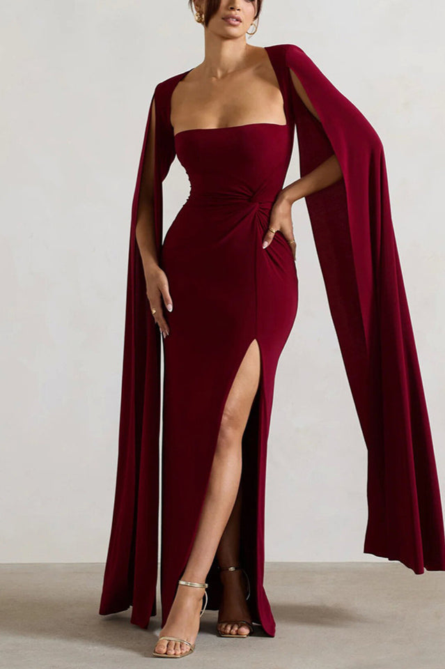 Maroon Extented Cape Sleeve Maxi Dress