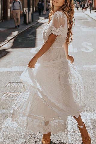 White Lace Embroidery Bohemian Maxi Dress