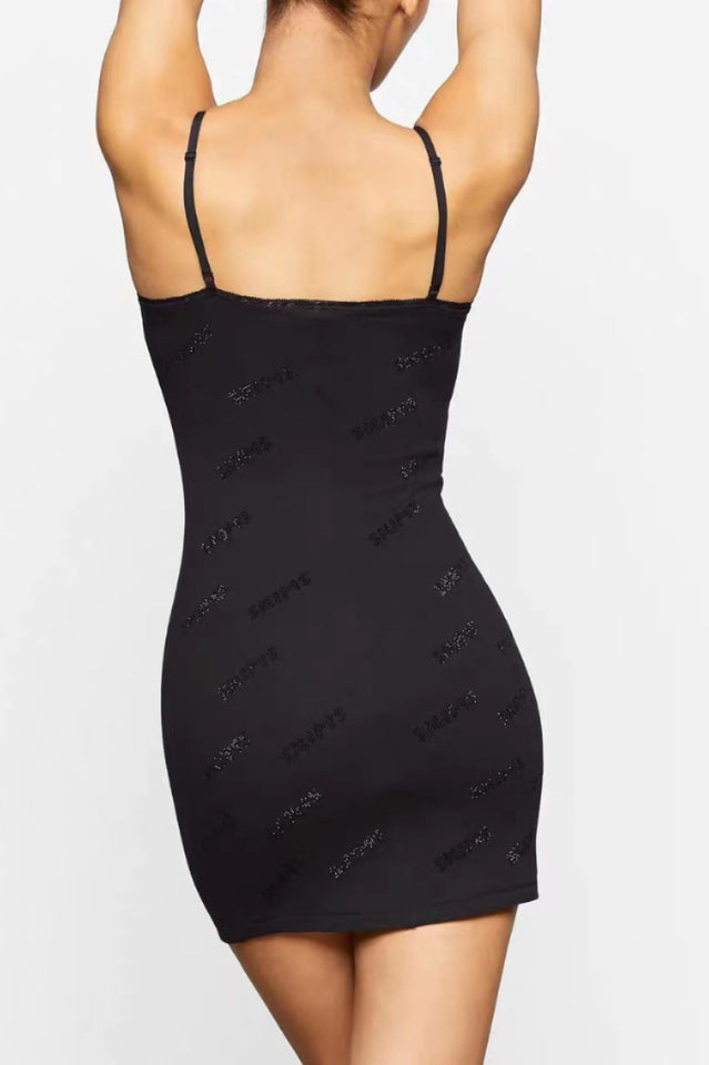 Rhinestone Logo Pointelle Mini Slip Dress