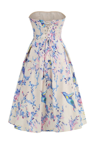 Strapless Floral Corset A Line Midi Dress