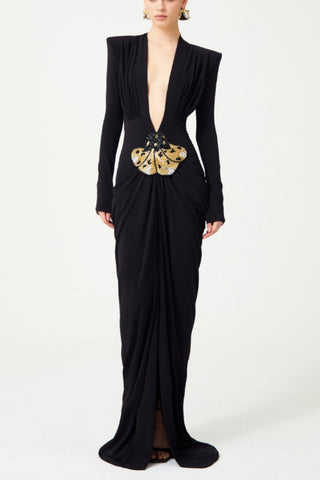 Embellished V Neck Draped Gown