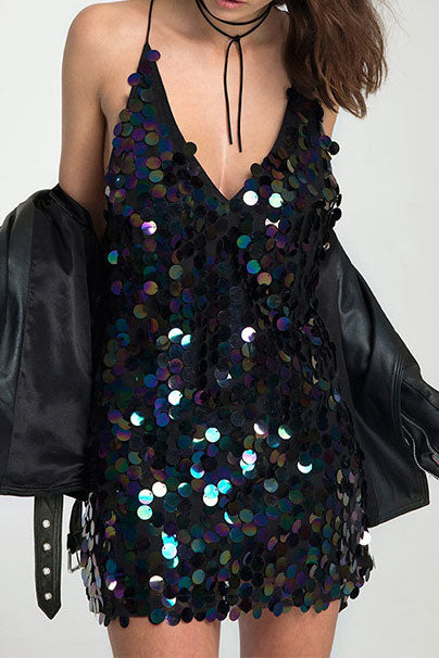 Deep V-Neck Backless Sequin Club Party Dress