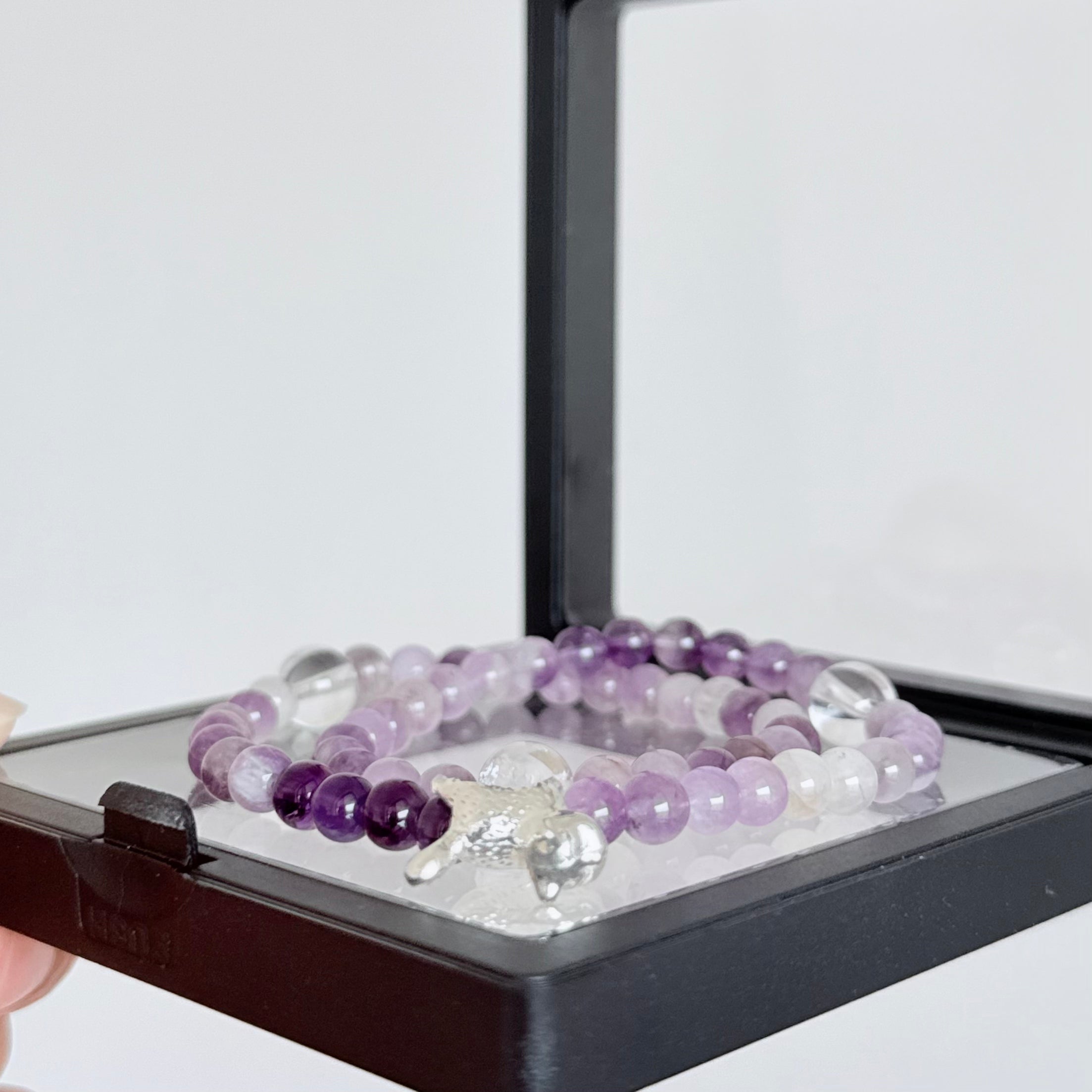 Amethyst & Clear Quartz Bracelet with Silver Cat Charm