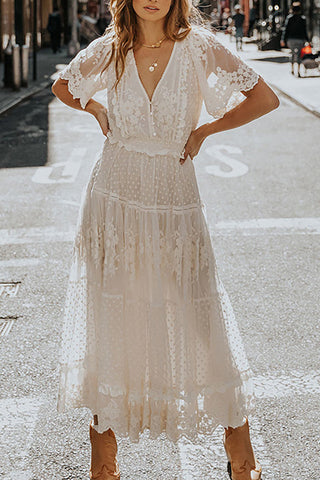 White Lace Embroidery Bohemian Maxi Dress