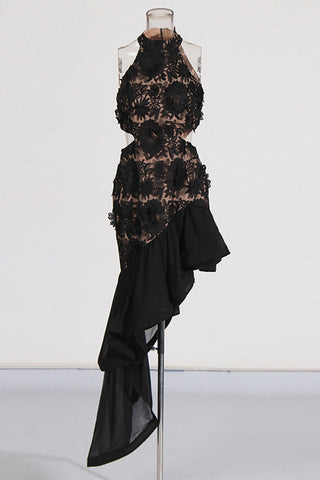 Embroidered 3D Flower Asymmetrical Dress