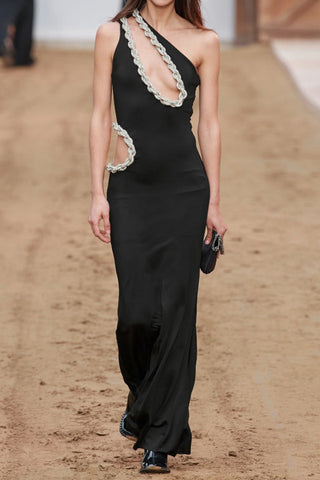 One Shoulder Crystal Chain Detail Dress
