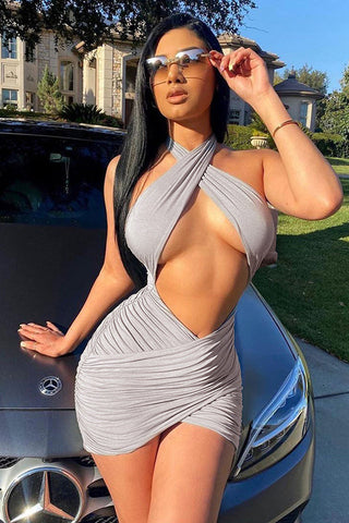 Cutout Front Cross Ruched Mini Dress