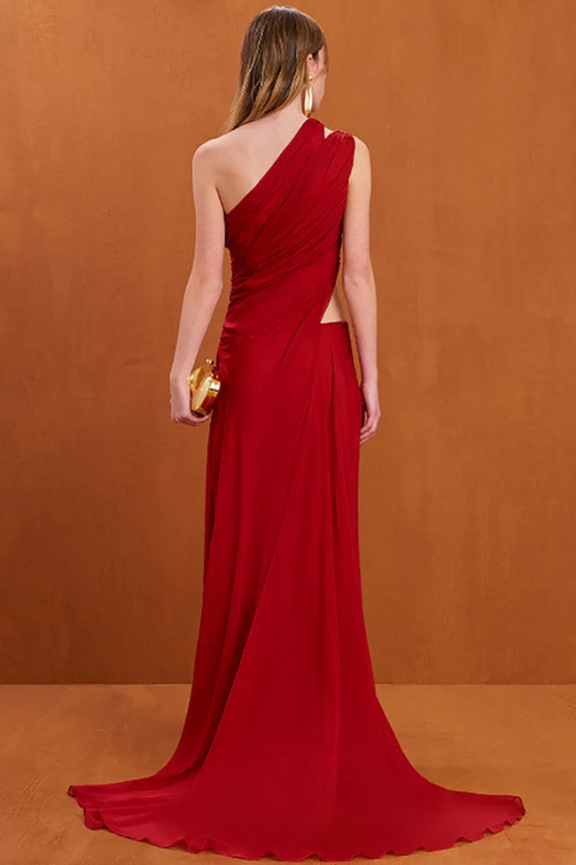 One Shoulder Ruched Cut Out Maxi Dress