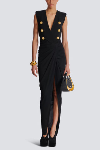 Button Detail Draped Maxi Dress