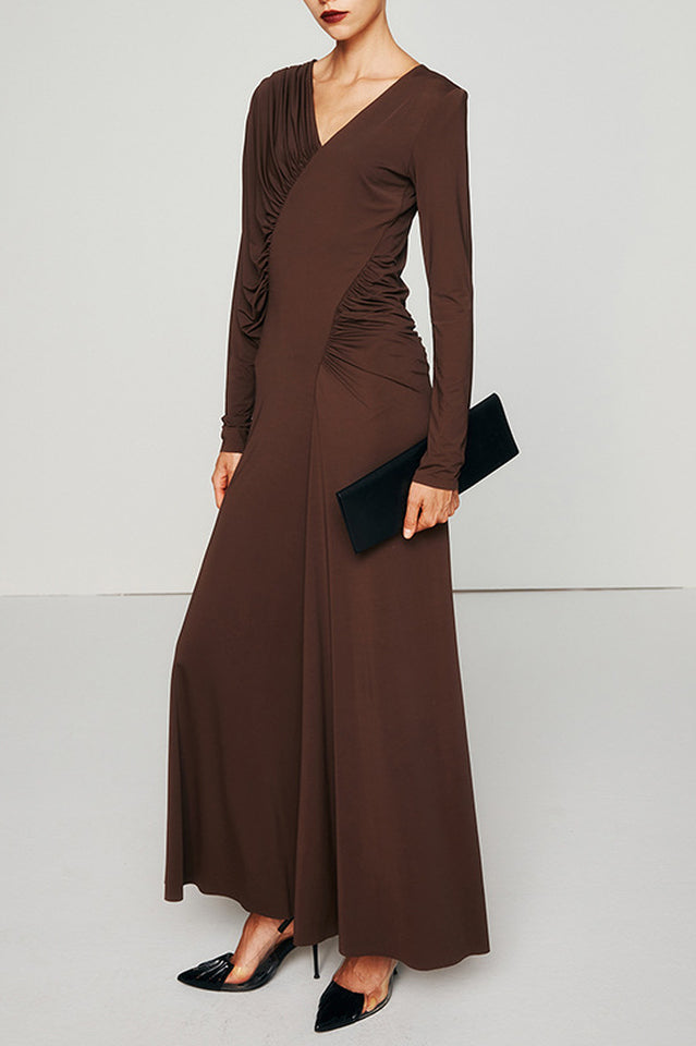 Asymmetric V-Neck Pleated Maxi Dress