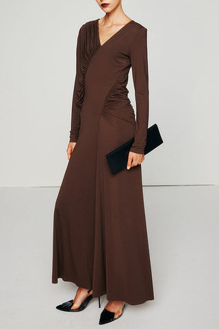 Asymmetric V-Neck Pleated Maxi Dress