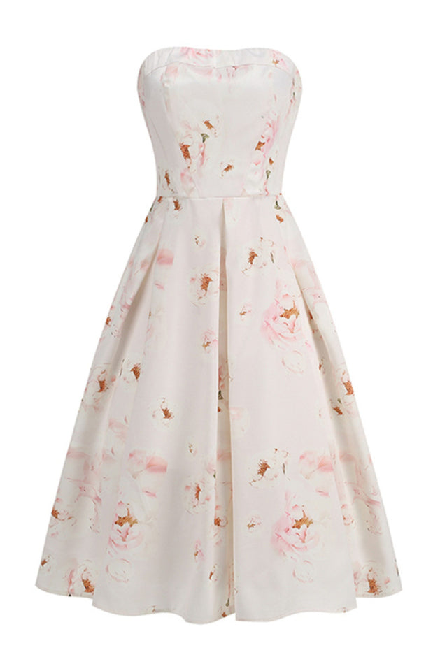 Strapless Floral Corset A Line Midi Dress