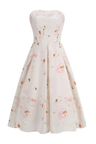 Strapless Floral Corset A Line Midi Dress