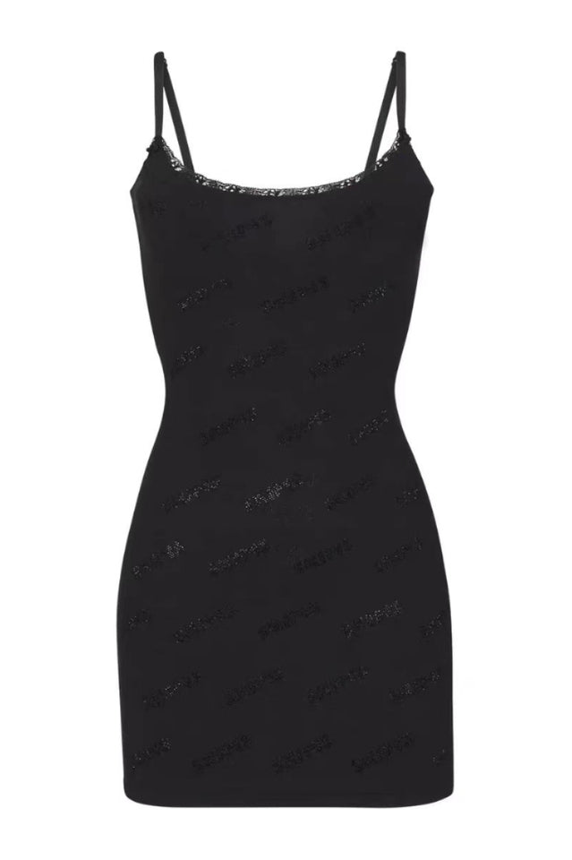 Rhinestone Logo Pointelle Mini Slip Dress