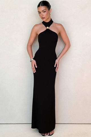 Golden Bead Trim Halter Sheath Dress