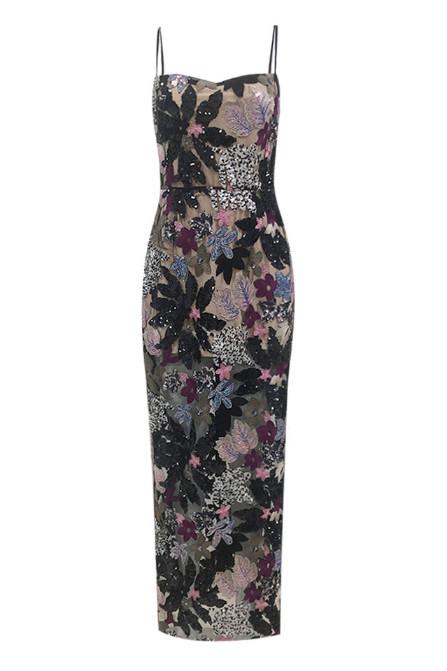 Floral Sequin Embroidered Maxi Dress