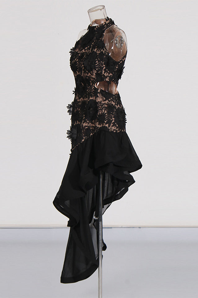 Embroidered 3D Flower Asymmetrical Dress