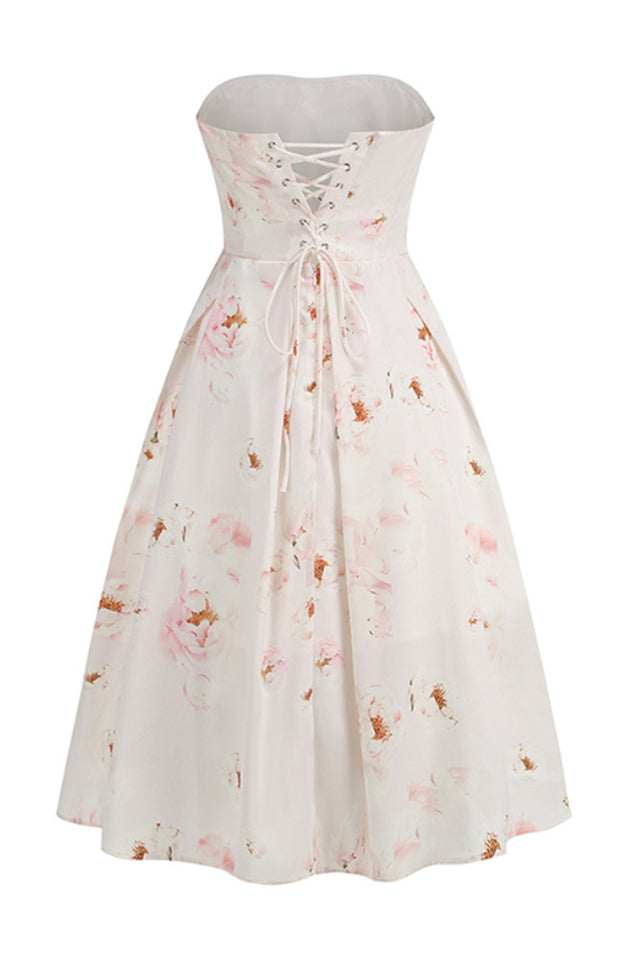 Strapless Floral Corset A Line Midi Dress