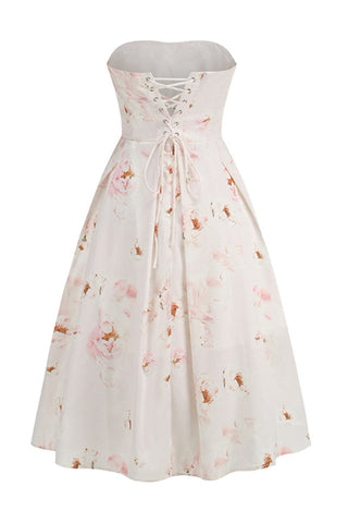 Strapless Floral Corset A Line Midi Dress