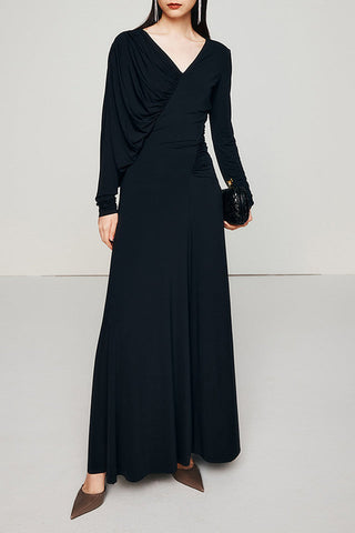 Asymmetric V-Neck Pleated Maxi Dress