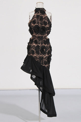 Embroidered 3D Flower Asymmetrical Dress