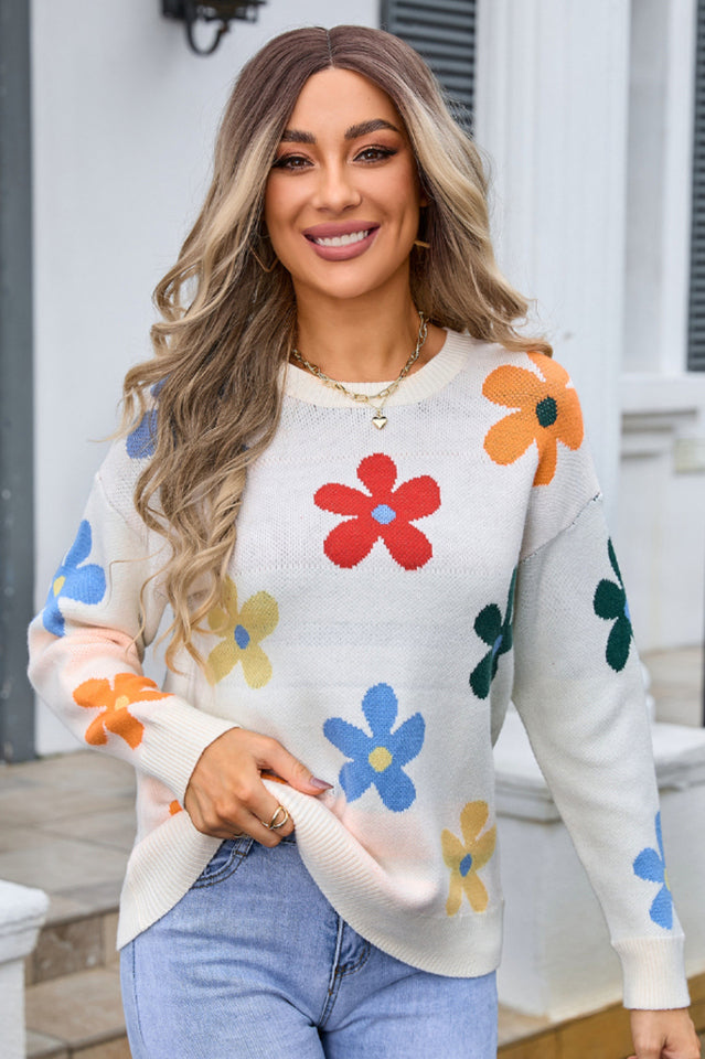 Flower Round Neck Long Sleeve Sweater