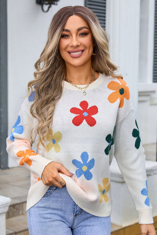 Flower Round Neck Long Sleeve Sweater