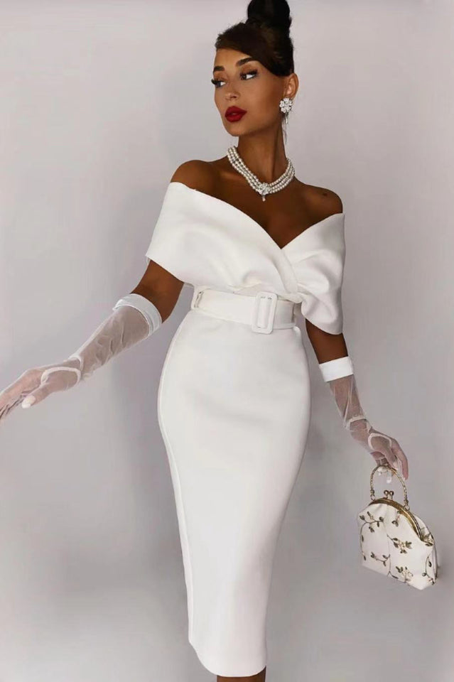 Off The Shoulder Belt Midi Dress