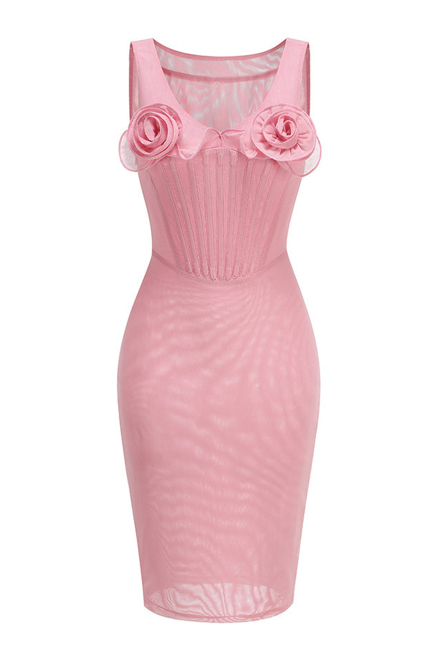 Floral-Applique Mesh Mini Dress
