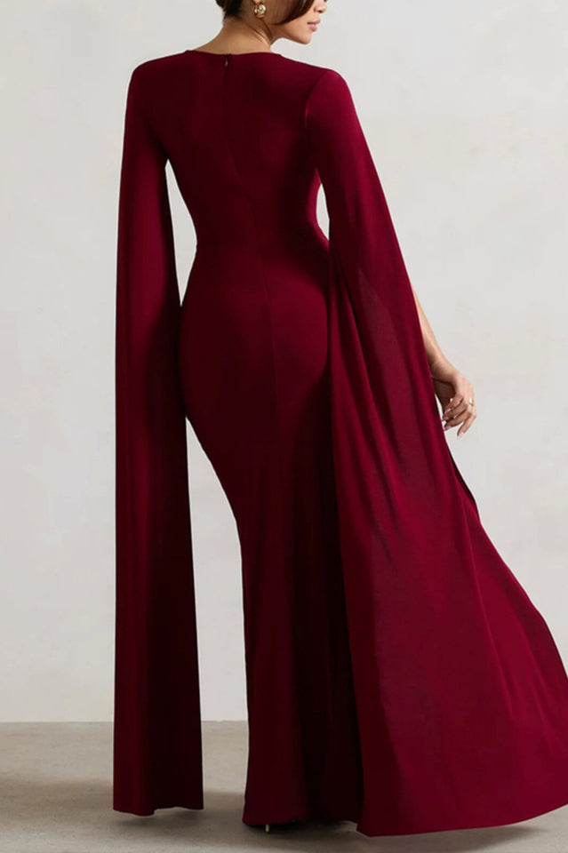 Maroon Extented Cape Sleeve Maxi Dress