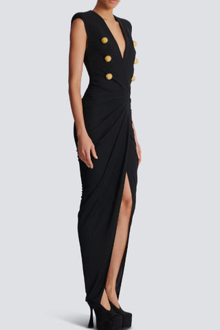 Button Detail Draped Maxi Dress